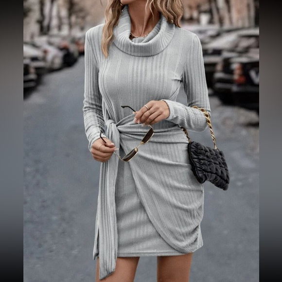 Classic Long Sleeve Cowl Neck Knot Side Wrap Hem Ribbed Dress - Picture 15 of 16